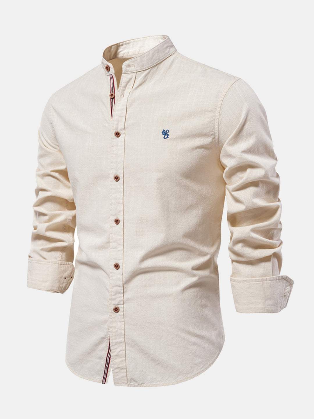 Linen-look long-sleeve shirt with stand-up collar