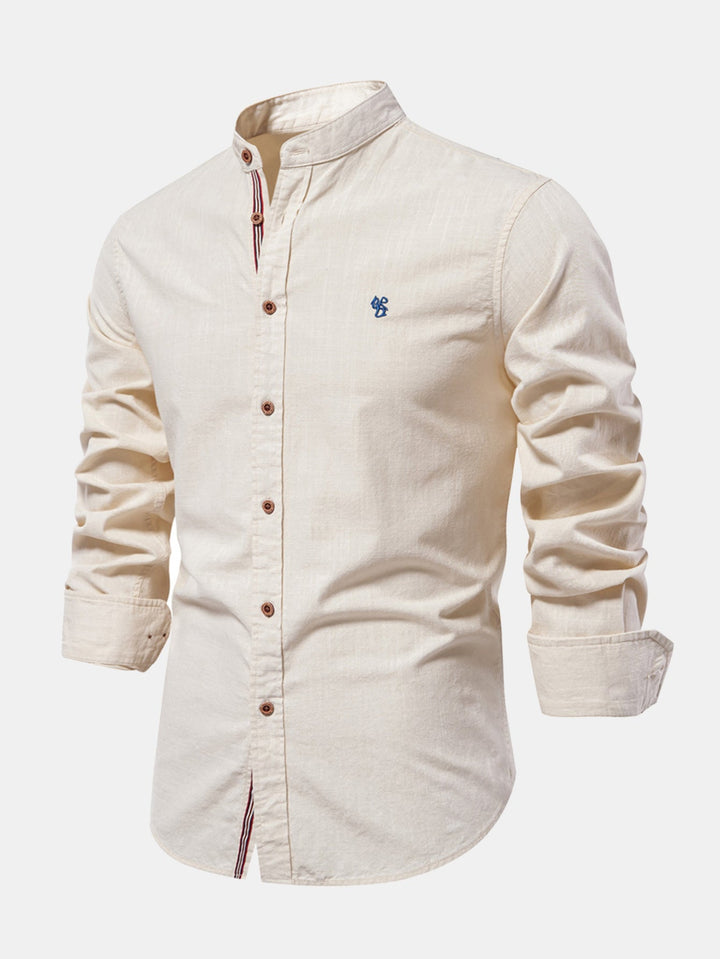 Linen-look long-sleeve shirt with stand-up collar