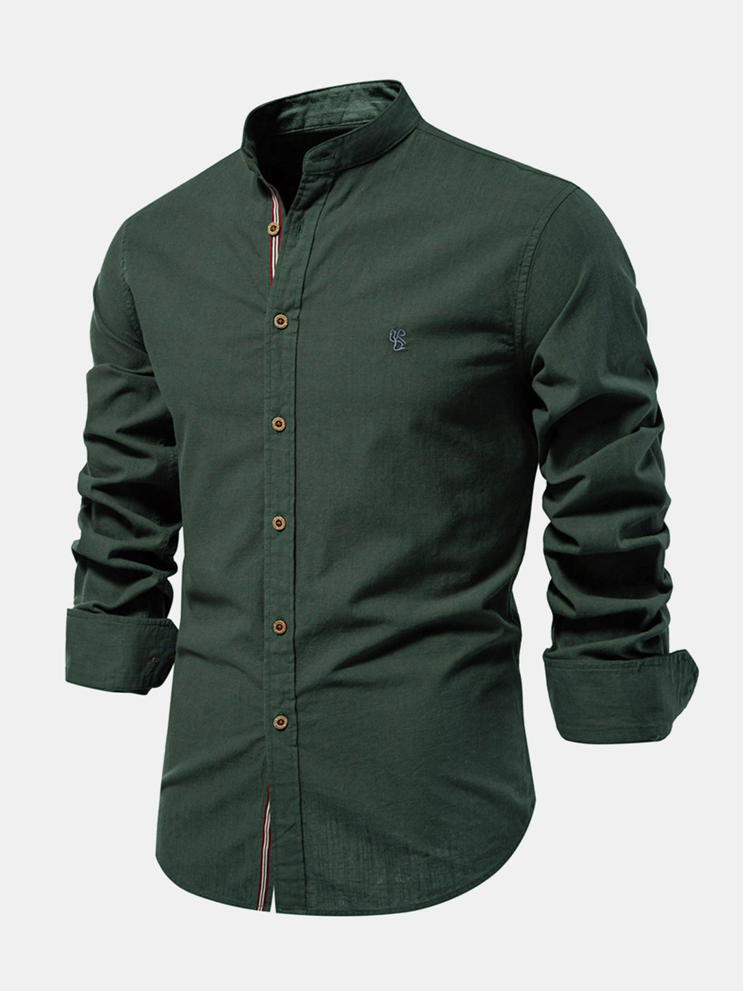 Linen-look long-sleeve shirt with stand-up collar