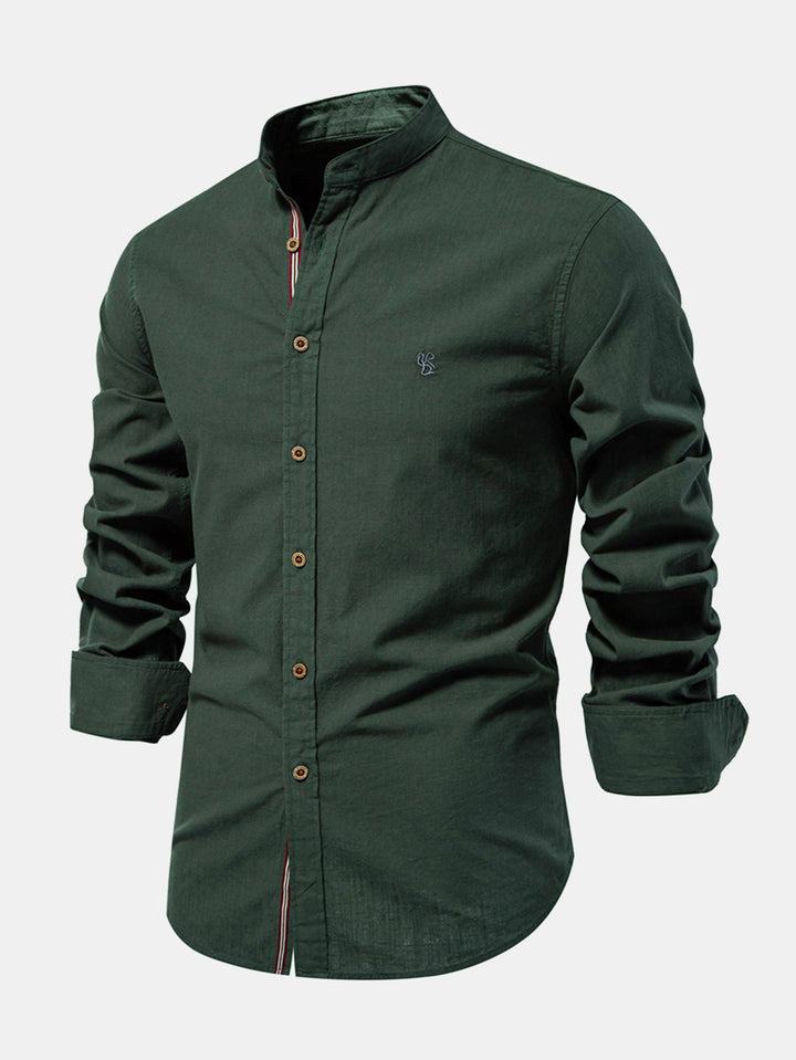 Linen-look long-sleeve shirt with stand-up collar