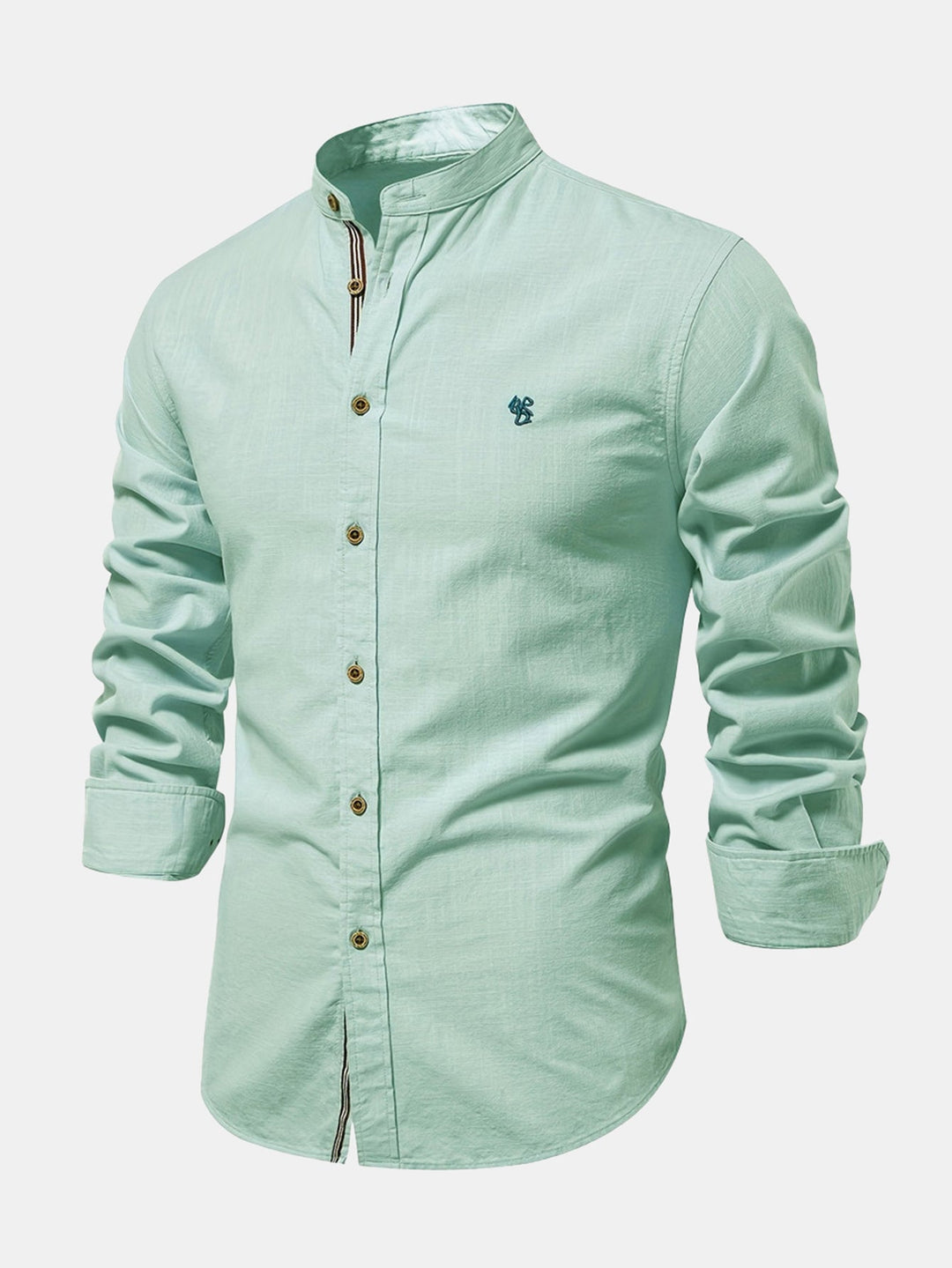 Linen-look long-sleeve shirt with stand-up collar
