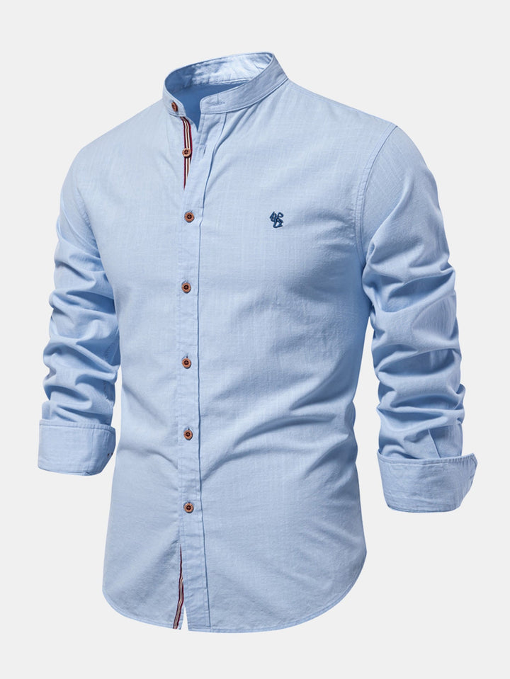Linen-look long-sleeve shirt with stand-up collar