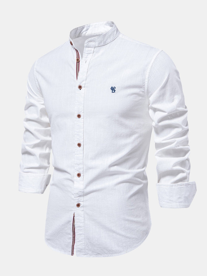 Linen-look long-sleeve shirt with stand-up collar