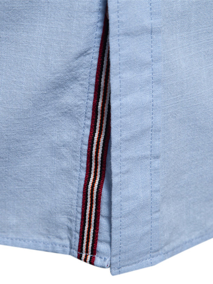 Linen-look long-sleeve shirt with stand-up collar