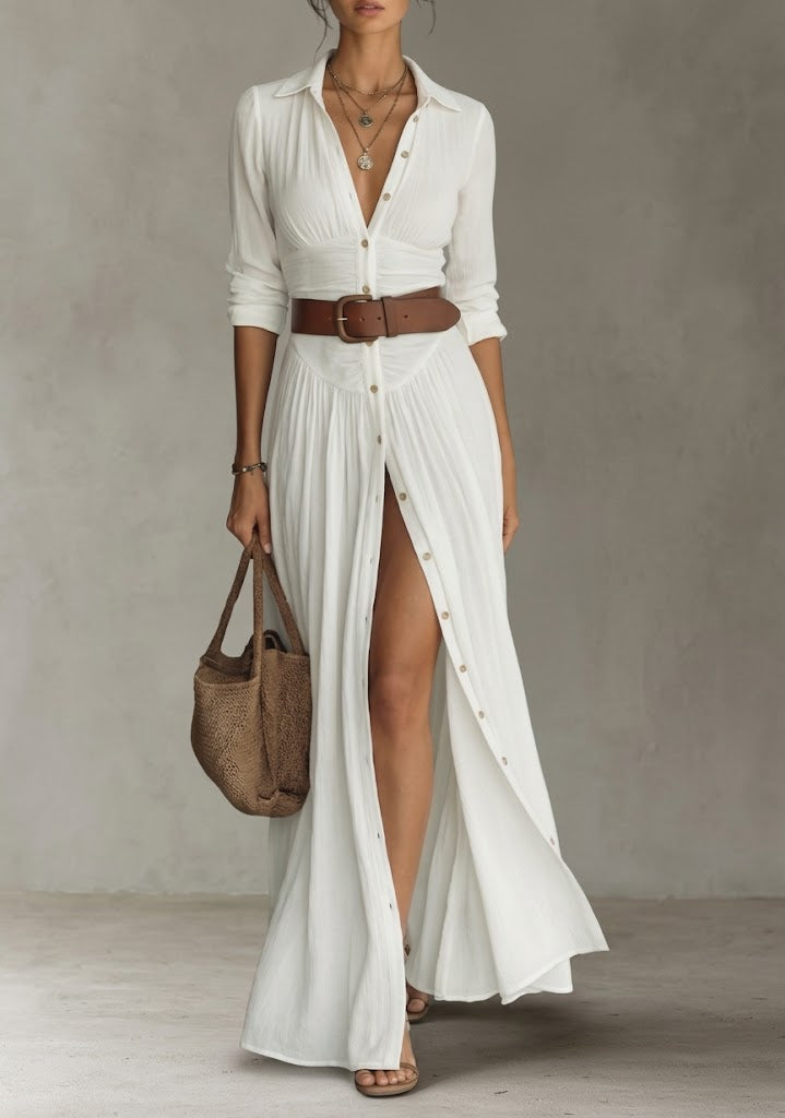 Aria ™ - Women’s Long Linen Dress with Lapel Collar and Long Sleeves