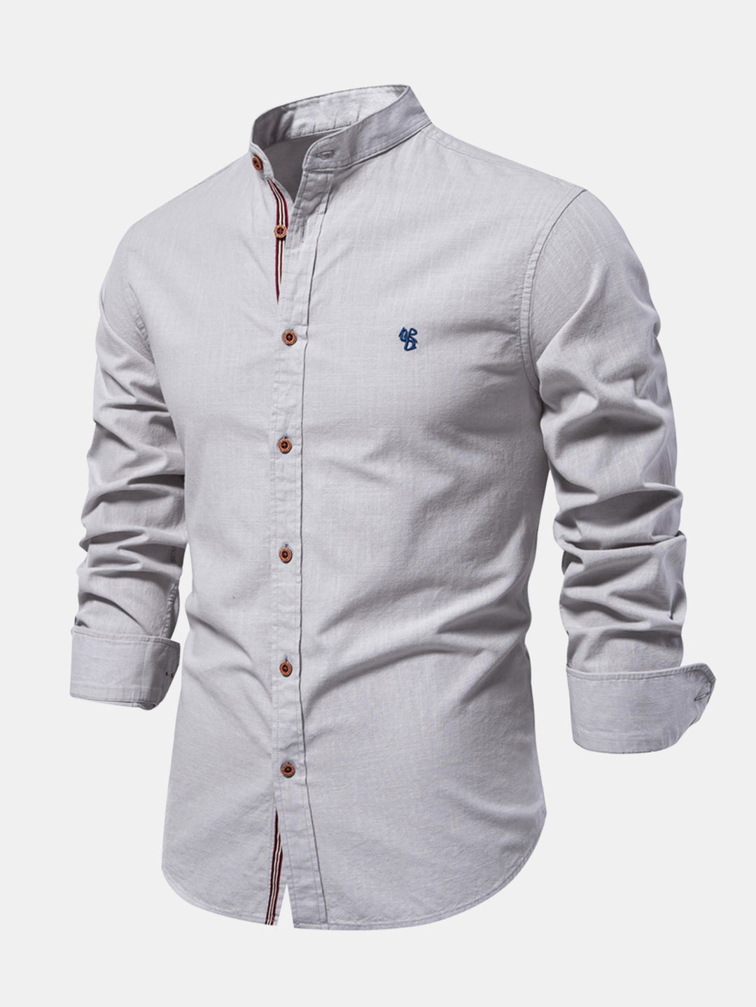 Linen-look long-sleeve shirt with stand-up collar