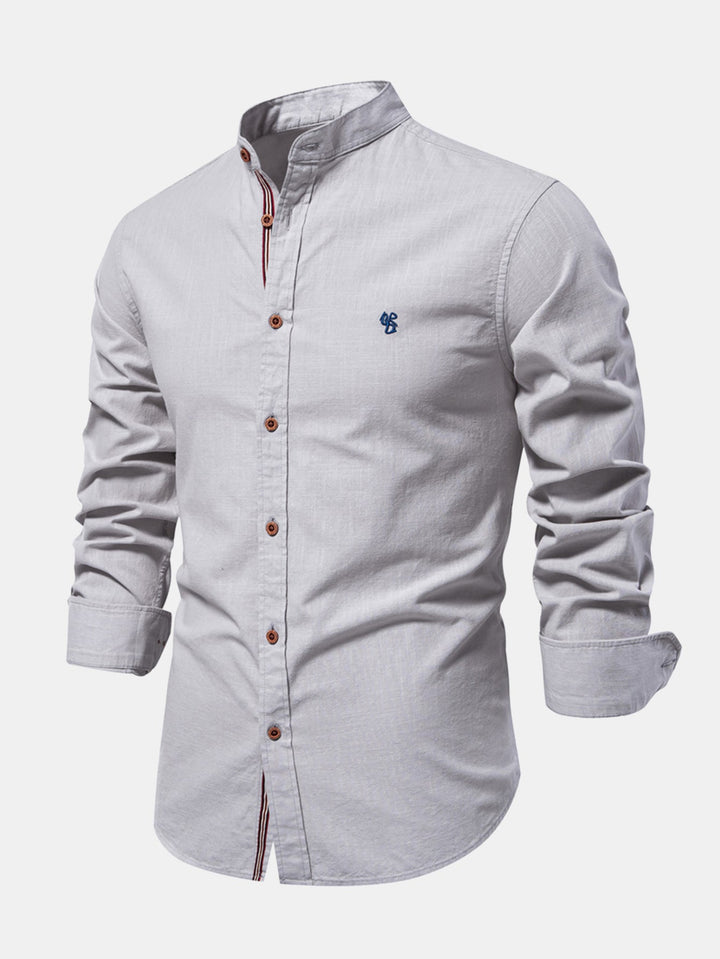 Linen-look long-sleeve shirt with stand-up collar