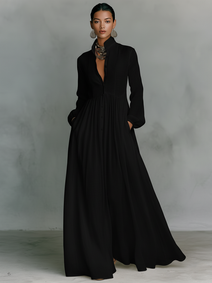 Grace ™-Minimalist Cotton and Linen Maxi Dress with Patchwork, Stand Collar, and Long Sleeves