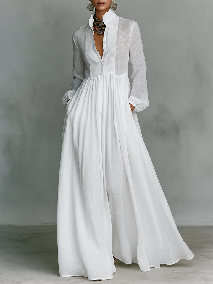 Grace ™-Minimalist Cotton and Linen Maxi Dress with Patchwork, Stand Collar, and Long Sleeves