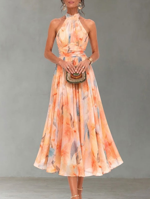 Aurora ™| Halter Neck Dress with Watercolor Print