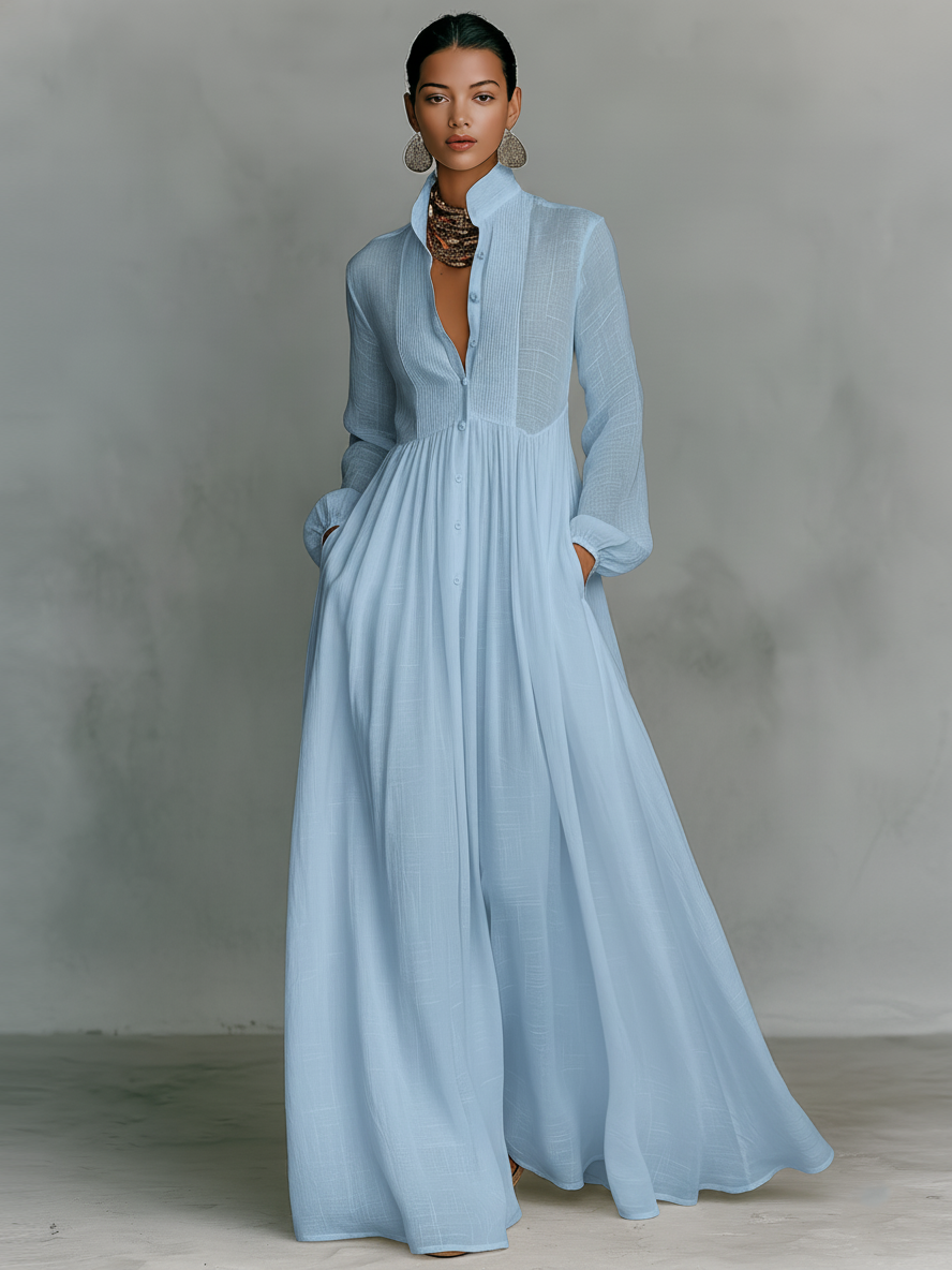Grace ™-Minimalist Cotton and Linen Maxi Dress with Patchwork, Stand Collar, and Long Sleeves
