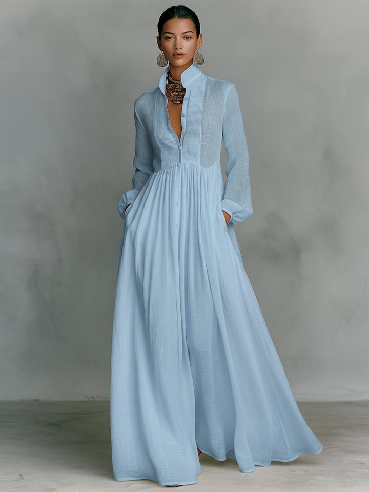 Grace ™-Minimalist Cotton and Linen Maxi Dress with Patchwork, Stand Collar, and Long Sleeves