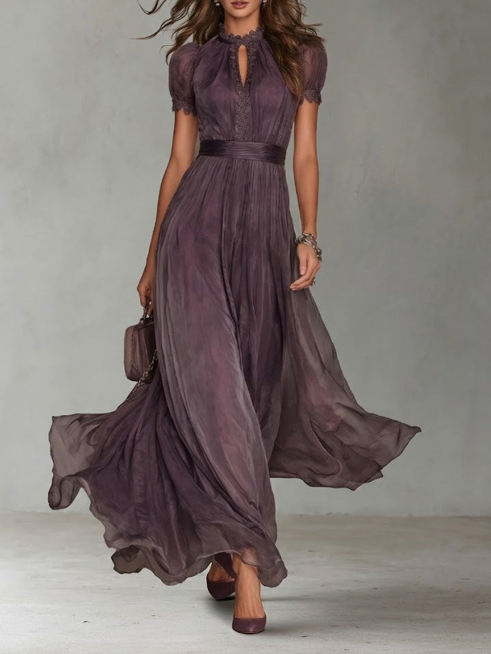 Beckie™– Long violet dress with teardrop neckline and chiffon lace trim