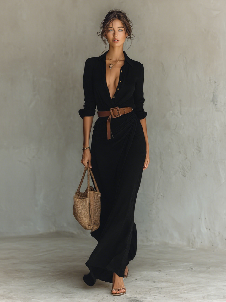 Gagnon ™Long Maxi Dress with Lapel Collar and Long Sleeves for Women