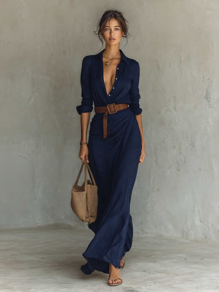 Gagnon ™Long Maxi Dress with Lapel Collar and Long Sleeves for Women
