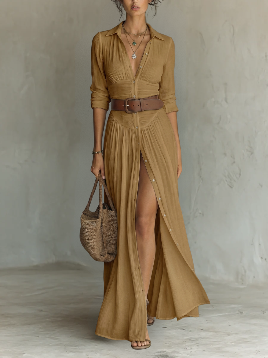 Aria ™ - Women’s Long Linen Dress with Lapel Collar and Long Sleeves