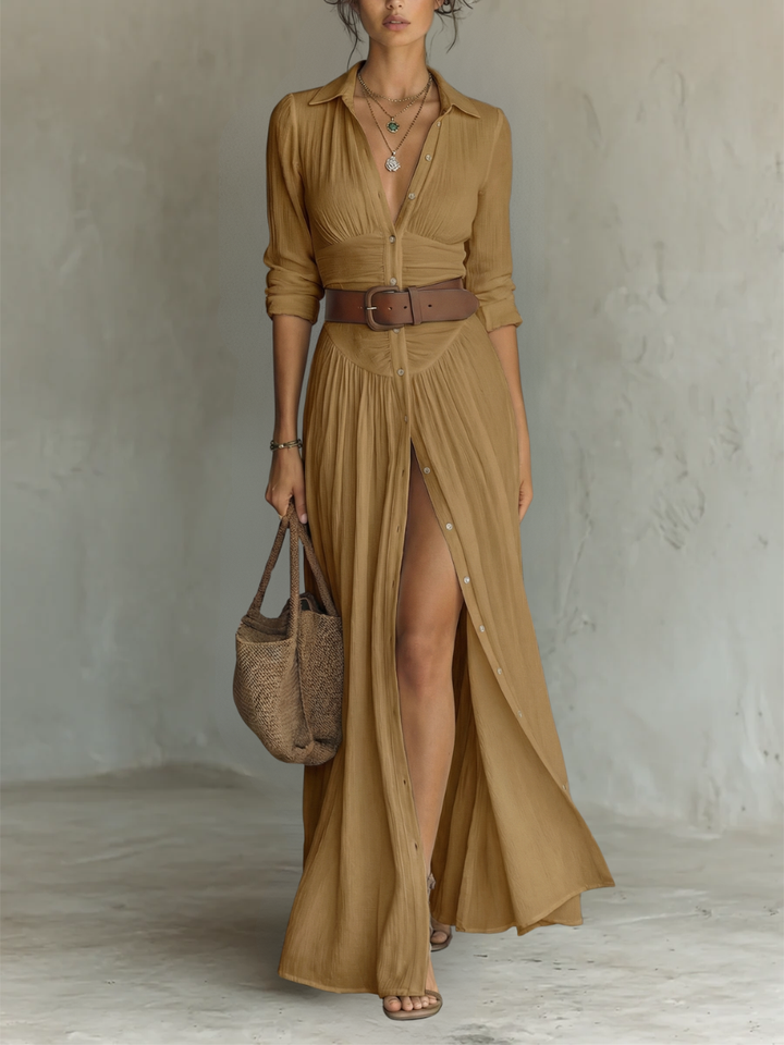 Aria ™ - Women’s Long Linen Dress with Lapel Collar and Long Sleeves