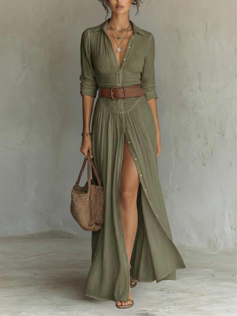 Aria ™ - Women’s Long Linen Dress with Lapel Collar and Long Sleeves