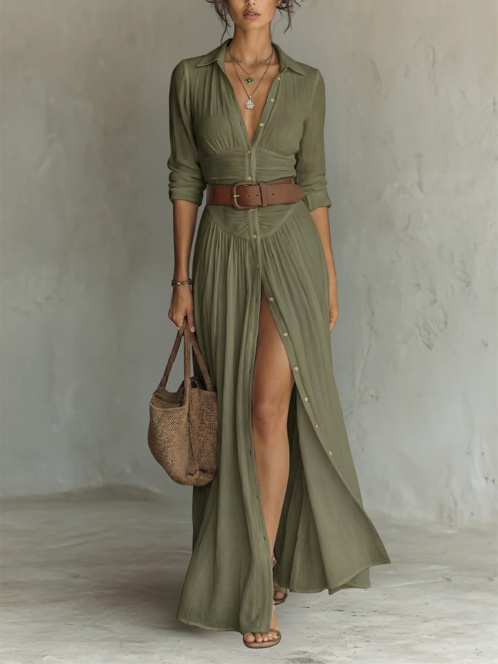 Aria ™ - Women’s Long Linen Dress with Lapel Collar and Long Sleeves