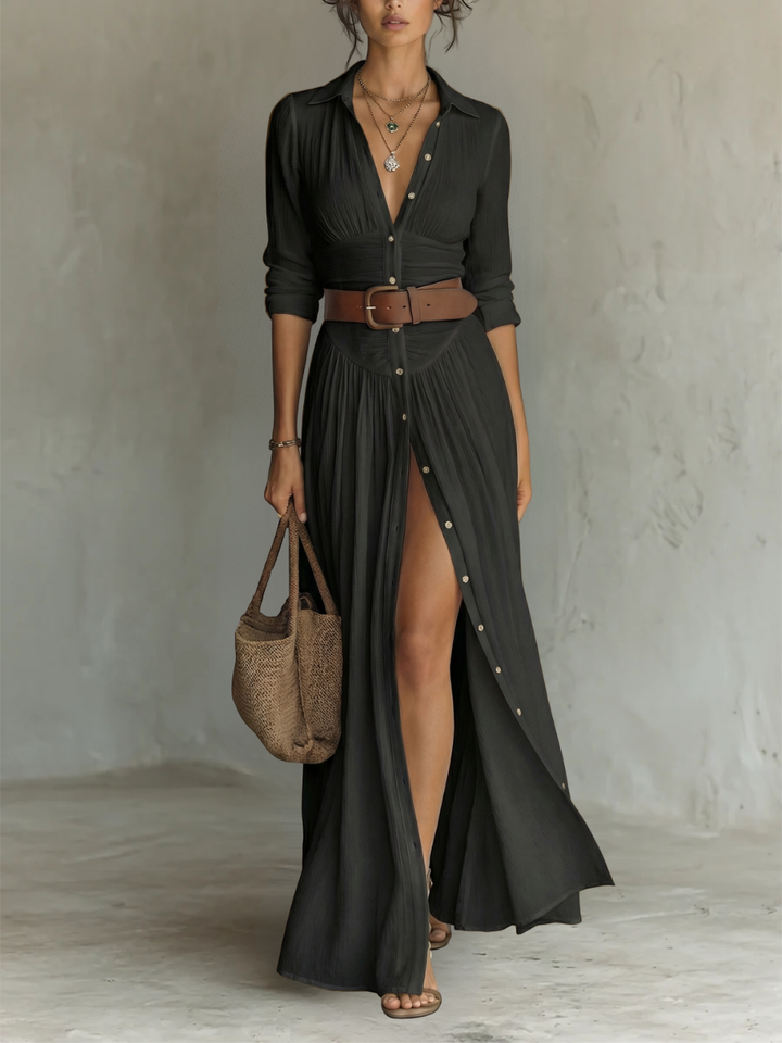 Aria ™ - Women’s Long Linen Dress with Lapel Collar and Long Sleeves