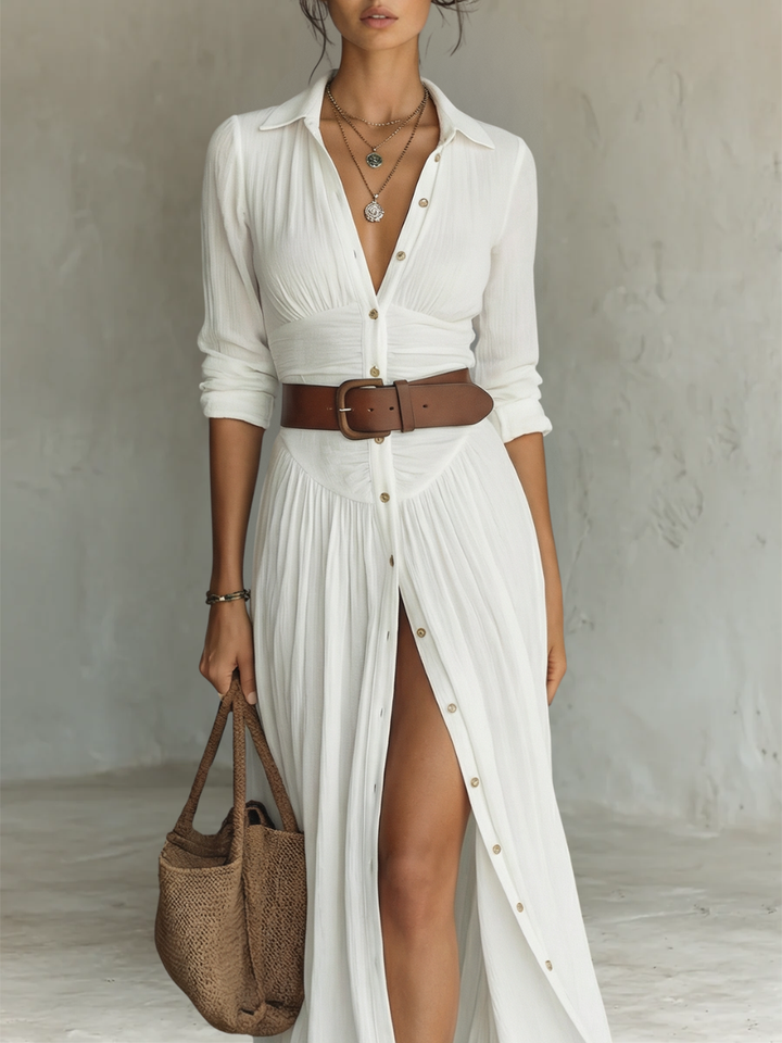 Aria ™ - Women’s Long Linen Dress with Lapel Collar and Long Sleeves