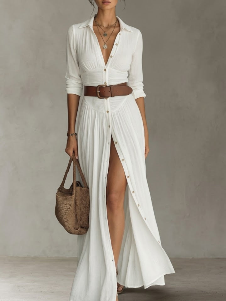 Aria ™ - Women’s Long Linen Dress with Lapel Collar and Long Sleeves