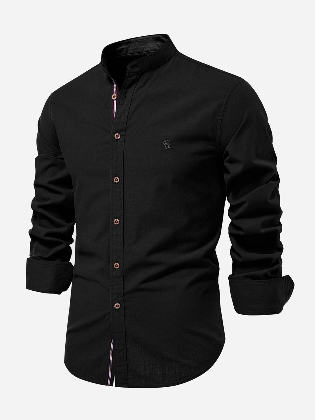 Linen-look long-sleeve shirt with stand-up collar