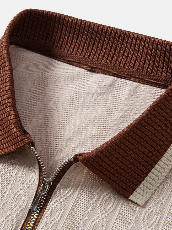 Contrast Trim Textured Zipper Knit Polo