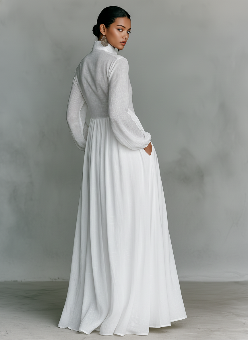 Grace ™-Minimalist Cotton and Linen Maxi Dress with Patchwork, Stand Collar, and Long Sleeves