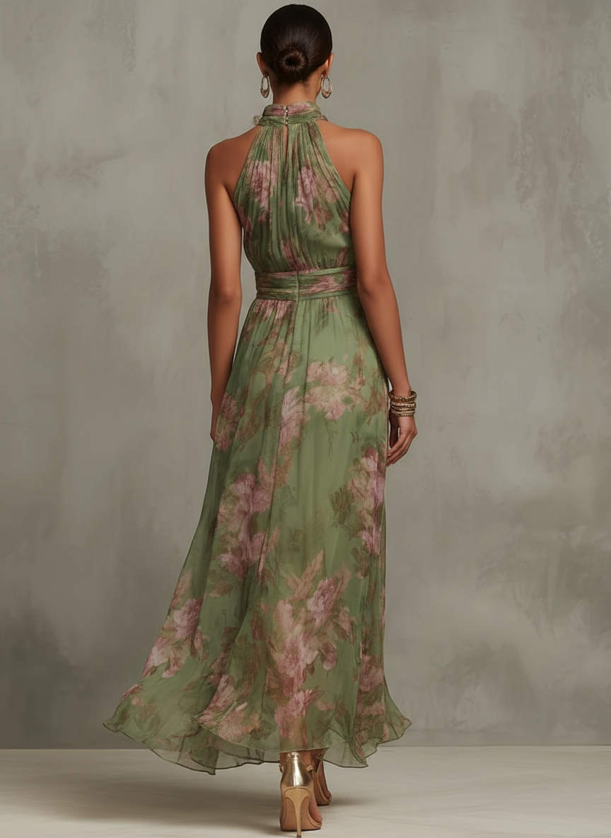 River ™∙ Green Floral Chiffon Maxi Dress with Halter Neckline