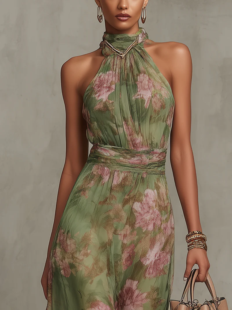 River ™∙ Green Floral Chiffon Maxi Dress with Halter Neckline