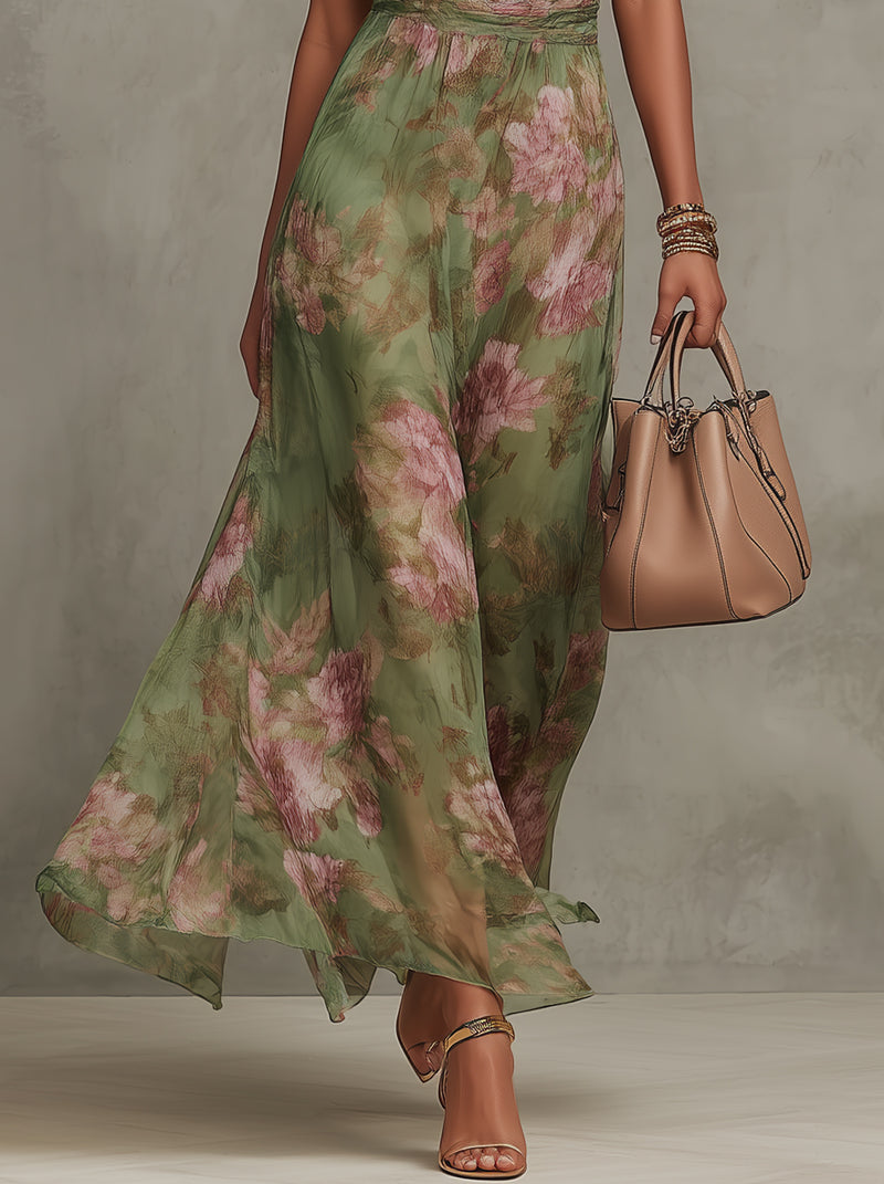 River ™∙ Green Floral Chiffon Maxi Dress with Halter Neckline
