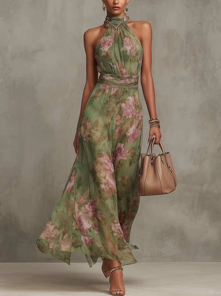 River ™∙ Green Floral Chiffon Maxi Dress with Halter Neckline