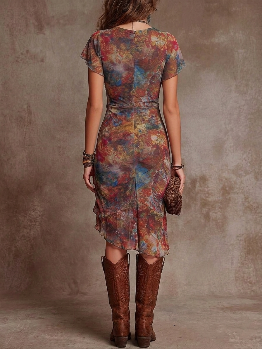 Scarlett ™– Pleated Midi Dress with V-Neck and Abstract Bohemian Art Print
