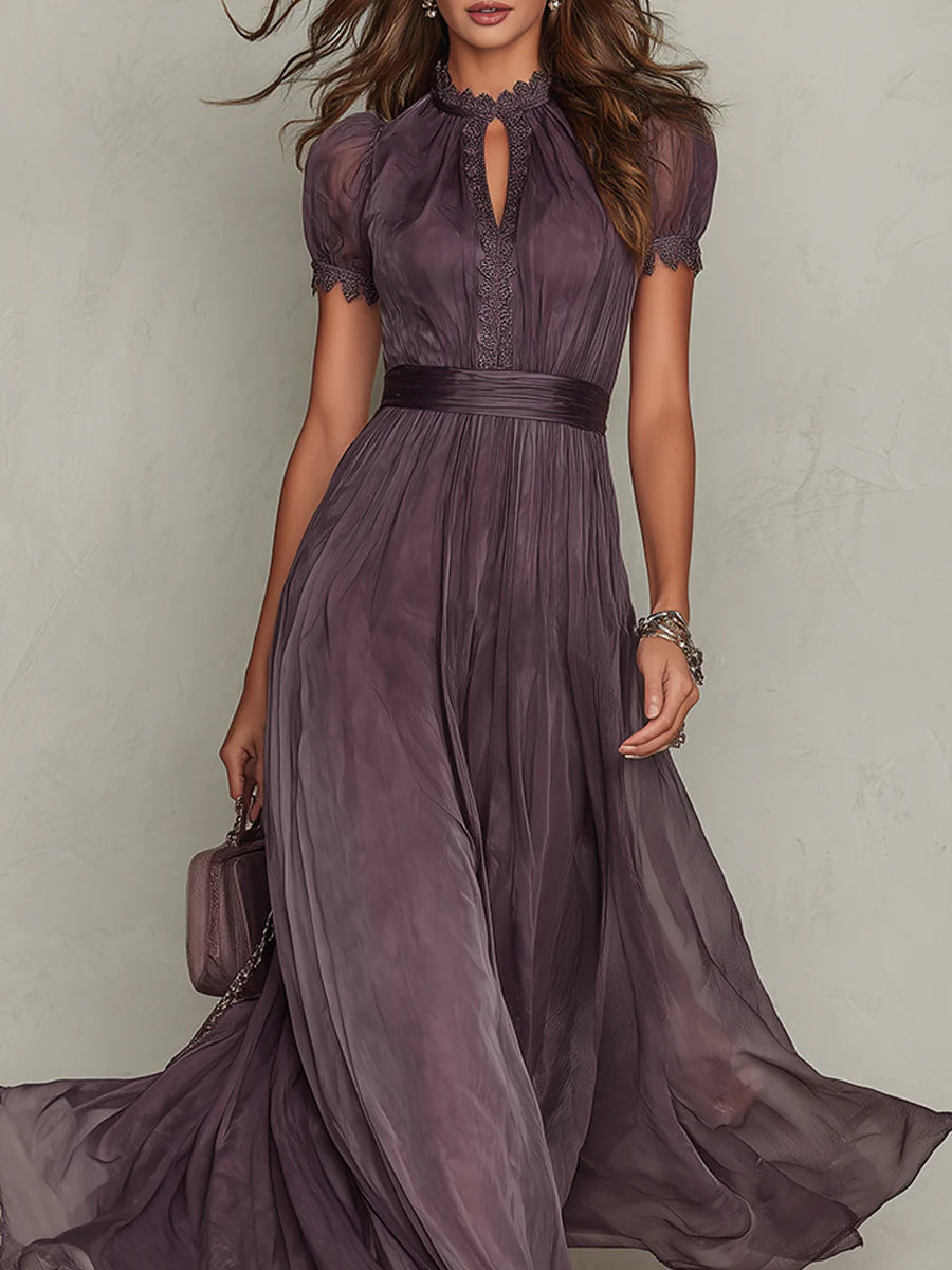 Beckie™– Long violet dress with teardrop neckline and chiffon lace trim