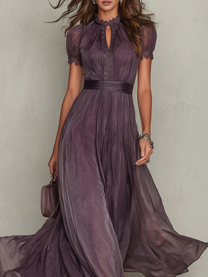 Beckie™– Long violet dress with teardrop neckline and chiffon lace trim