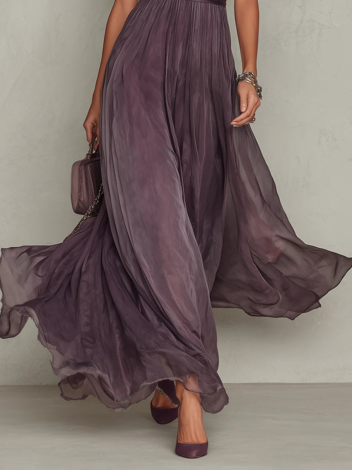 Beckie™– Long violet dress with teardrop neckline and chiffon lace trim