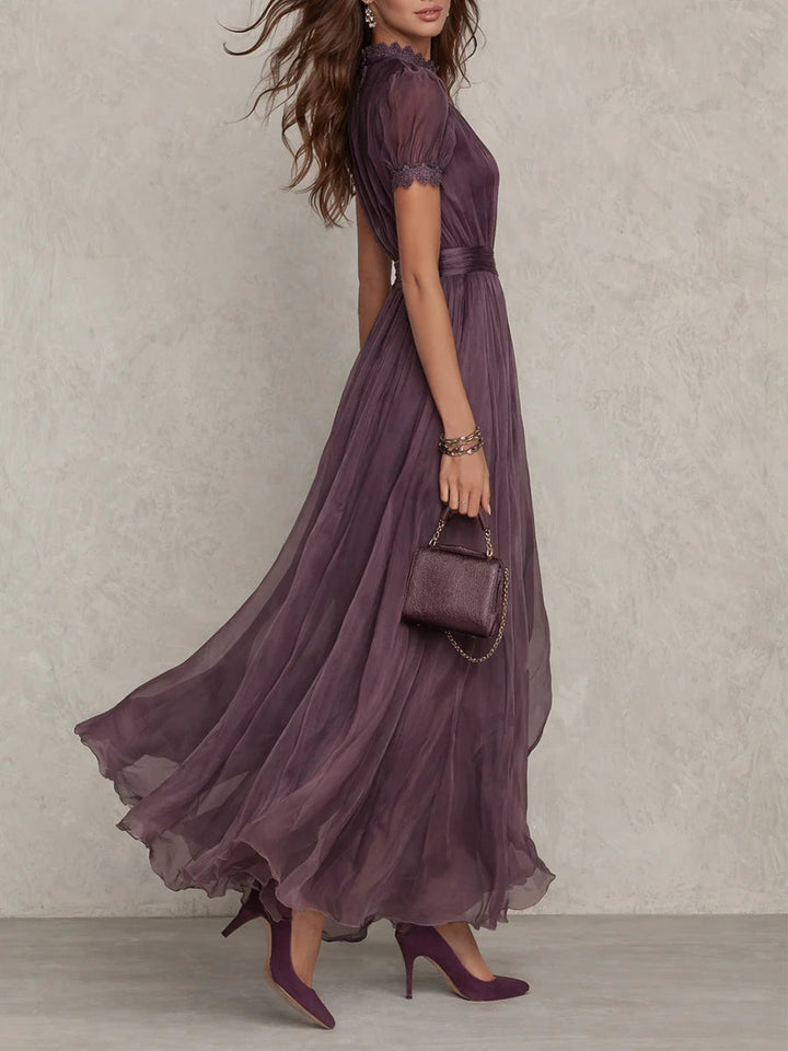 Beckie™– Long violet dress with teardrop neckline and chiffon lace trim