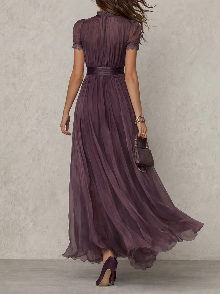 Beckie™– Long violet dress with teardrop neckline and chiffon lace trim
