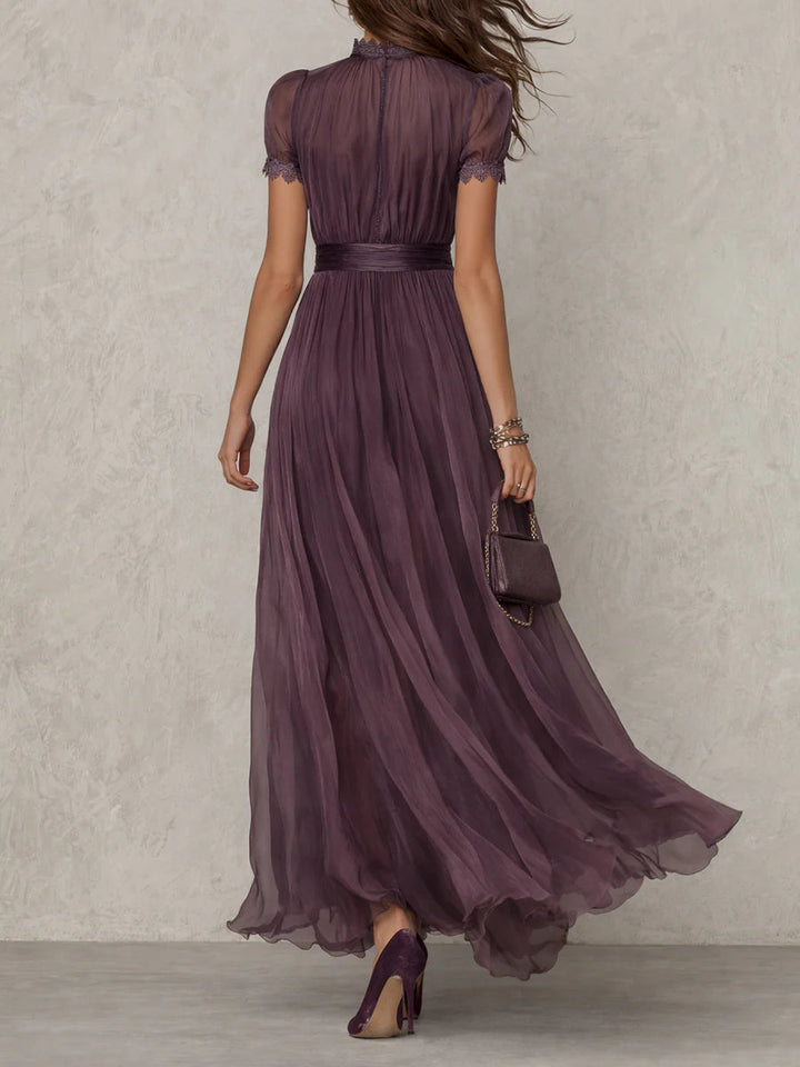 Beckie™– Long violet dress with teardrop neckline and chiffon lace trim