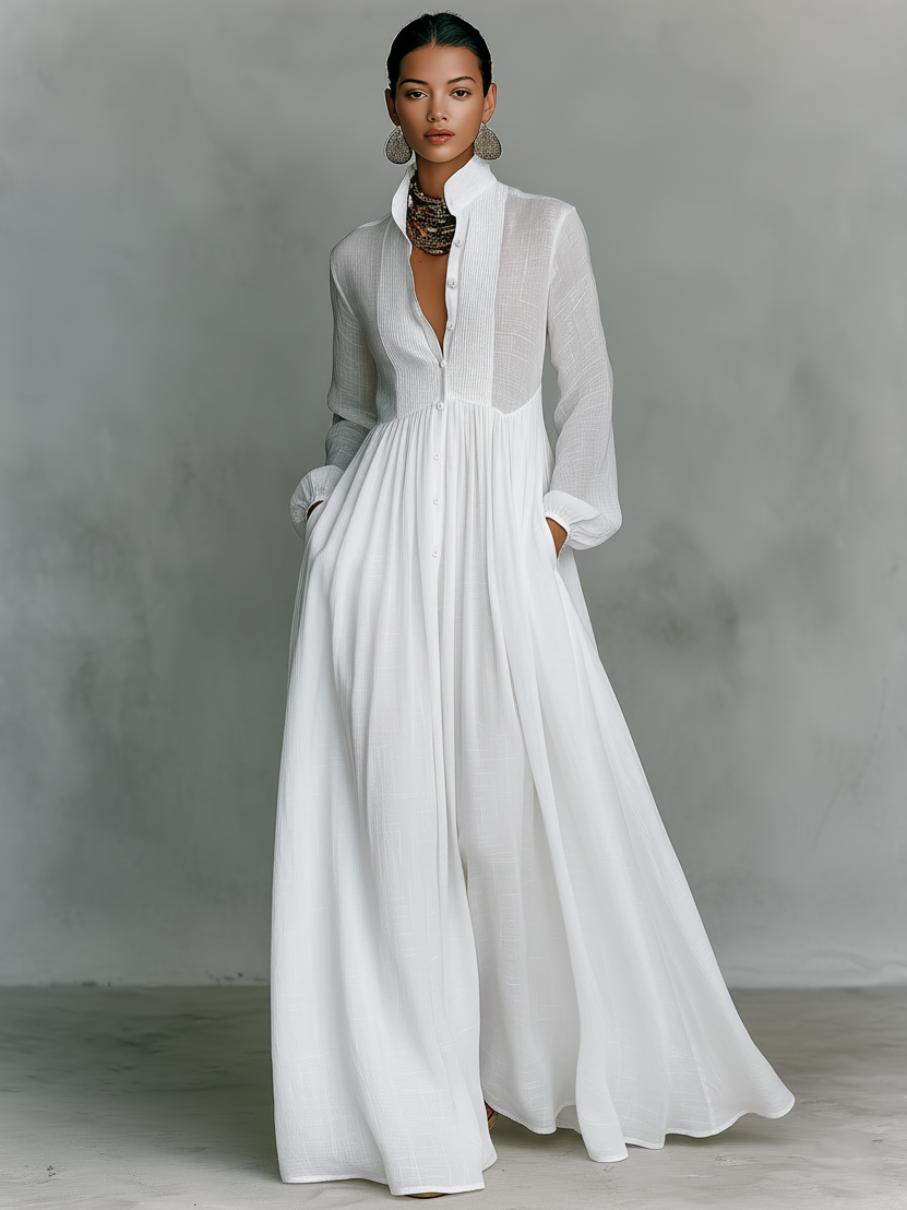 Grace ™-Minimalist Cotton and Linen Maxi Dress with Patchwork, Stand Collar, and Long Sleeves