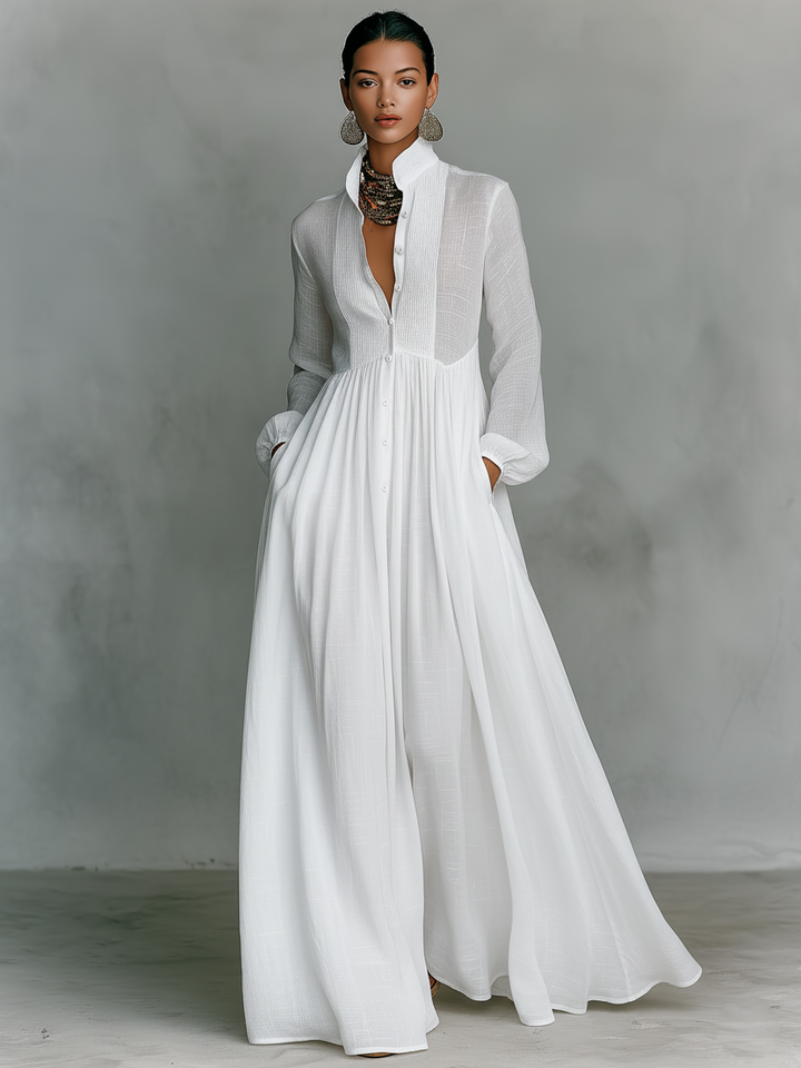 Grace ™-Minimalist Cotton and Linen Maxi Dress with Patchwork, Stand Collar, and Long Sleeves