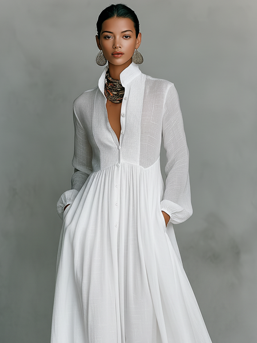 Grace ™-Minimalist Cotton and Linen Maxi Dress with Patchwork, Stand Collar, and Long Sleeves