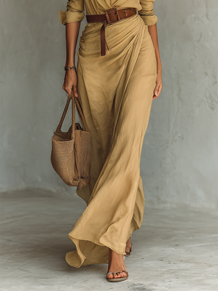 Gagnon ™Long Maxi Dress with Lapel Collar and Long Sleeves for Women