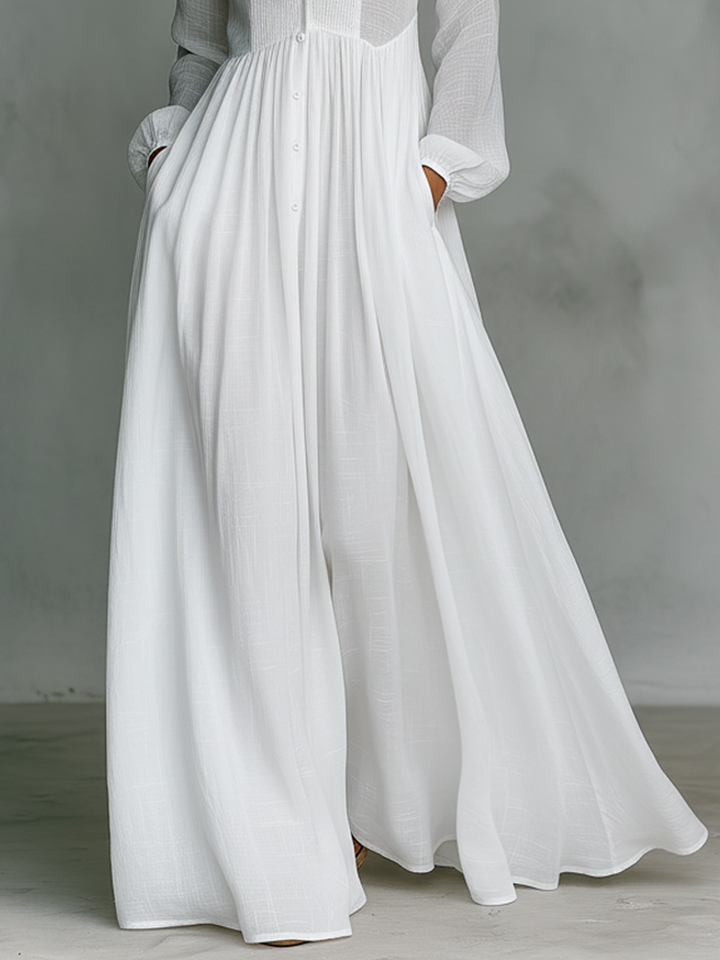 Grace ™-Minimalist Cotton and Linen Maxi Dress with Patchwork, Stand Collar, and Long Sleeves