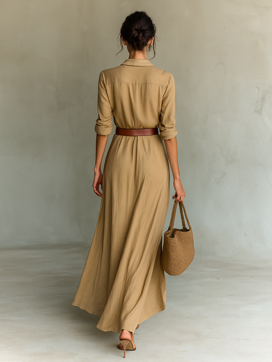 Gagnon ™Long Maxi Dress with Lapel Collar and Long Sleeves for Women