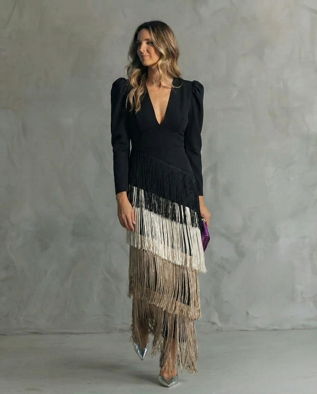 Avery ™– Elegant Midi Dress with Fringe Sleeves