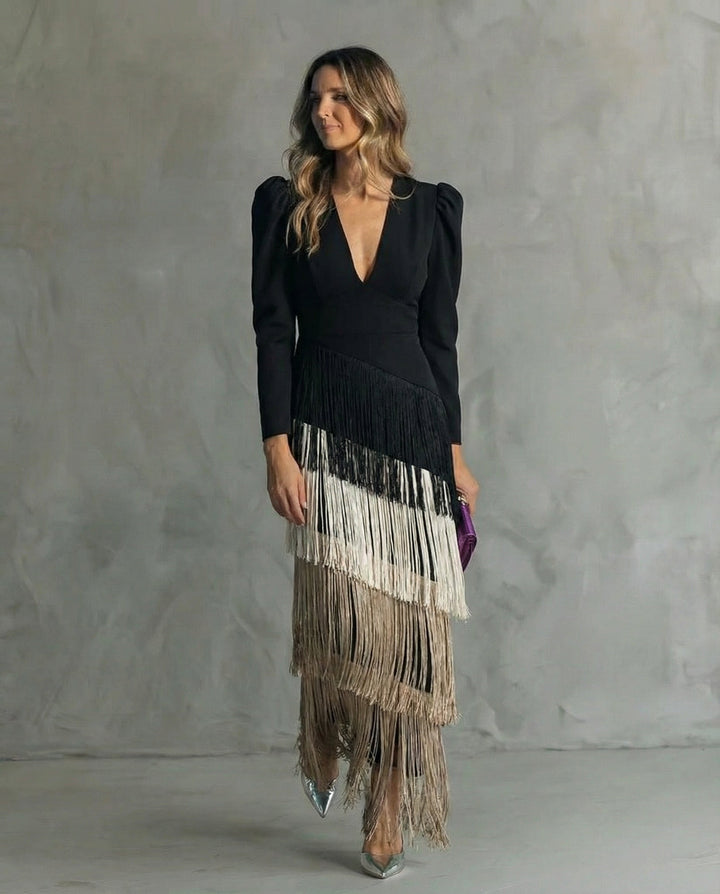 Avery ™– Elegant Midi Dress with Fringe Sleeves