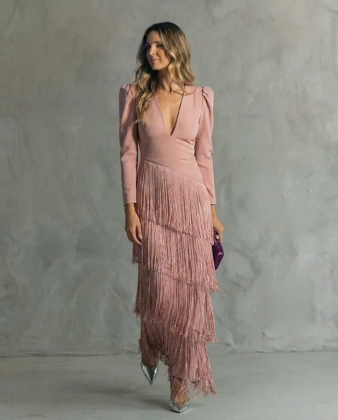 Avery ™– Elegant Midi Dress with Fringe Sleeves