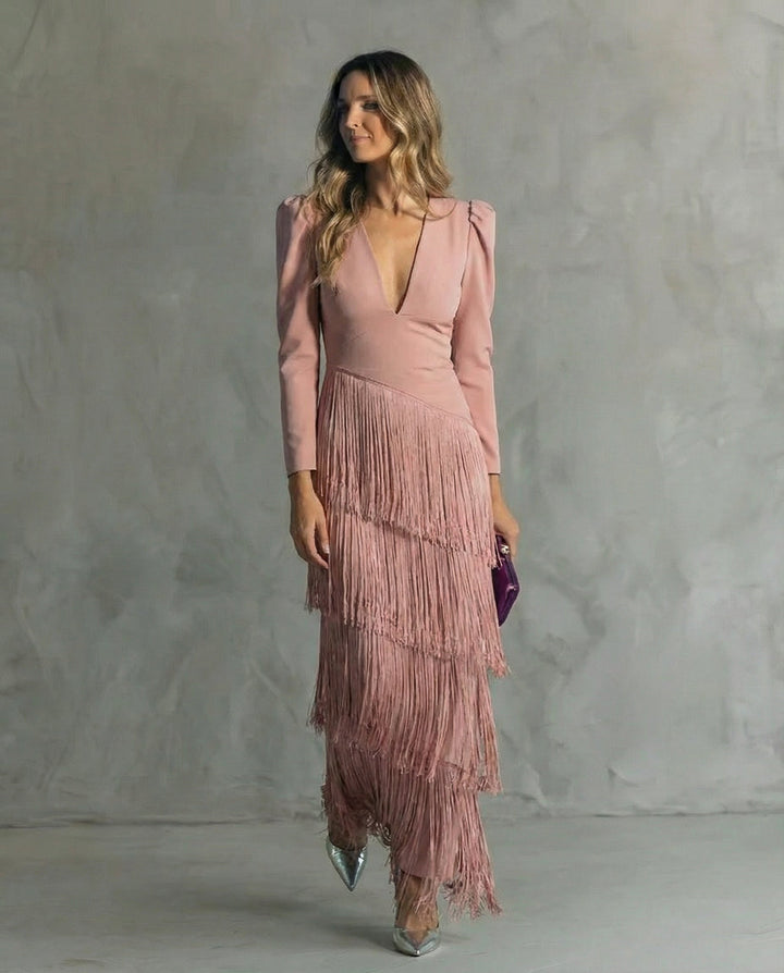 Avery ™– Elegant Midi Dress with Fringe Sleeves